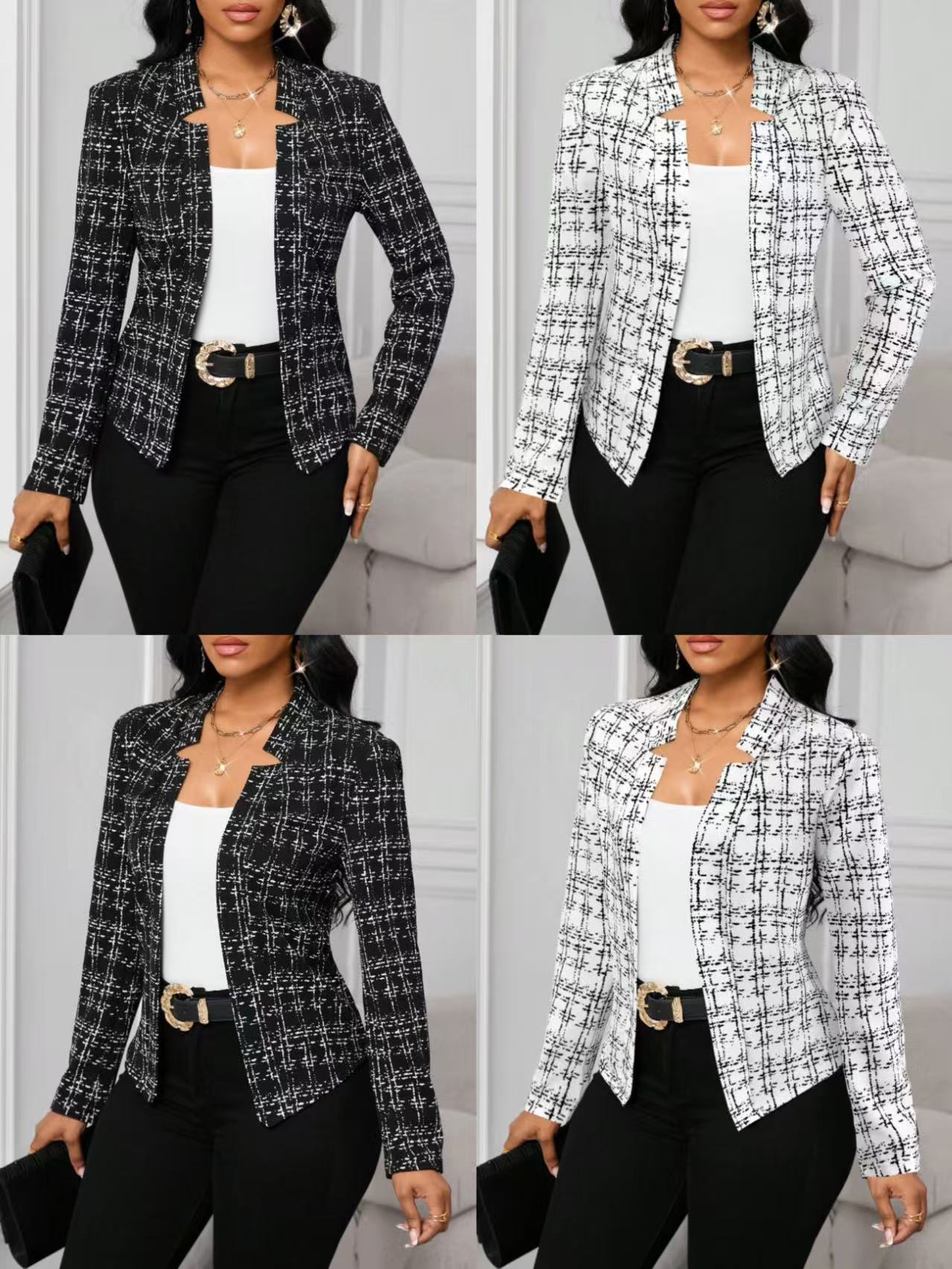 Women's Autumn Winter Printed Plaid Long Sleeve Slim Fit Button Front Casual Jacket