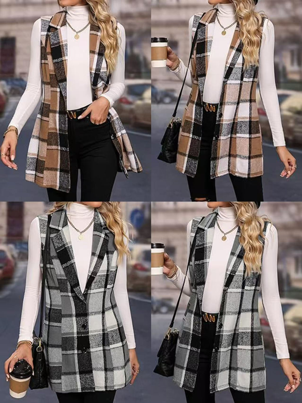 Women's Plaid Single-Breasted Lapel Suit Vest Jacket for Autumn and Winter Casual Layering