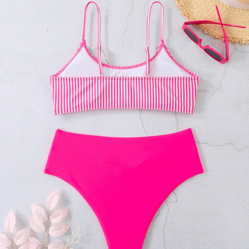 New Striped Shoulder Strap High Waist Open Back Bikini Split Swimsuit for Women