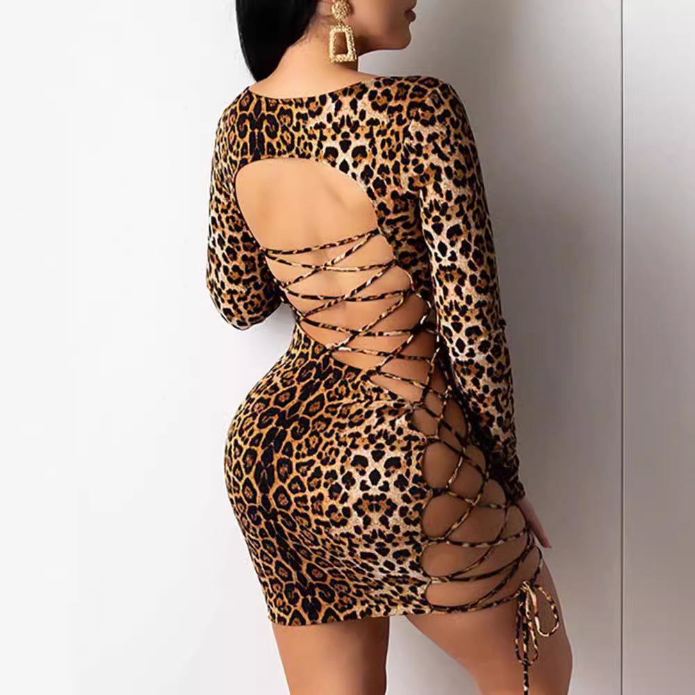 Leopard Print Backless Lace-Up Hip-Hugging Mini Dress