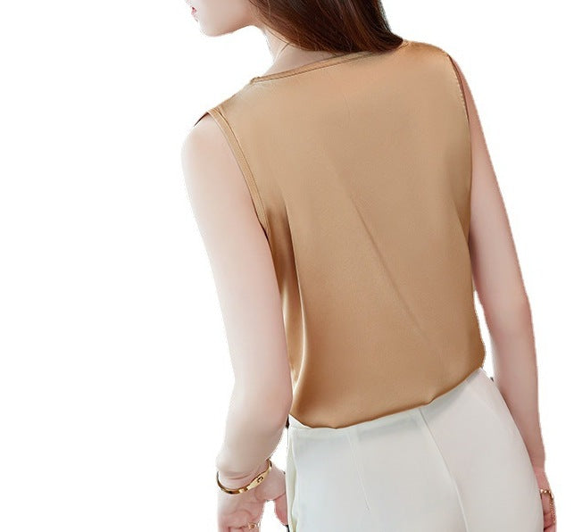 Women's Apricot Satin Chiffon Vest - Elegant Lightweight Inner Top for Spring & Fall