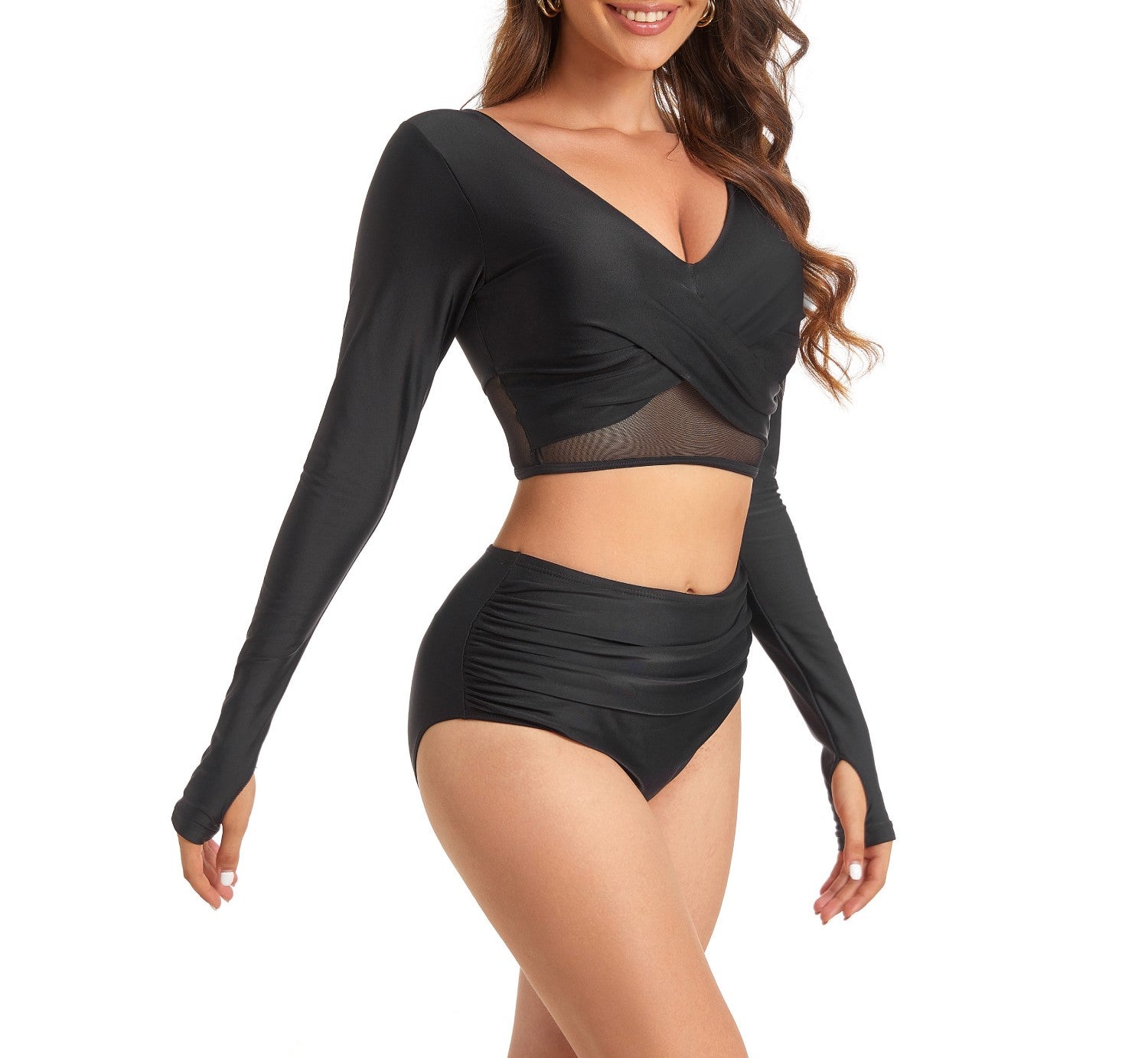 Women's Long Sleeve Surfing Swimsuit – Sexy One-Piece Diving Suit with Sun Protection – Solid Black Bikini-Style Swimwear