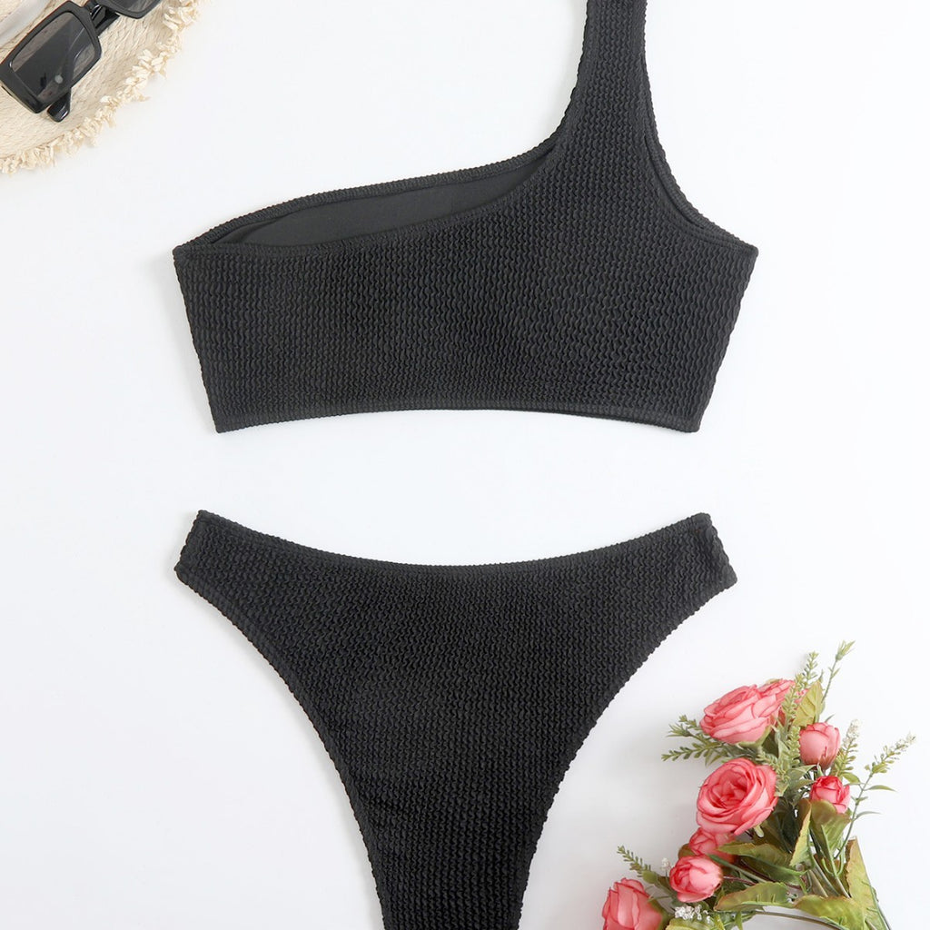 New Solid Color One-Shoulder Tube Top Bikini with High-Waist Split Bottom for Women