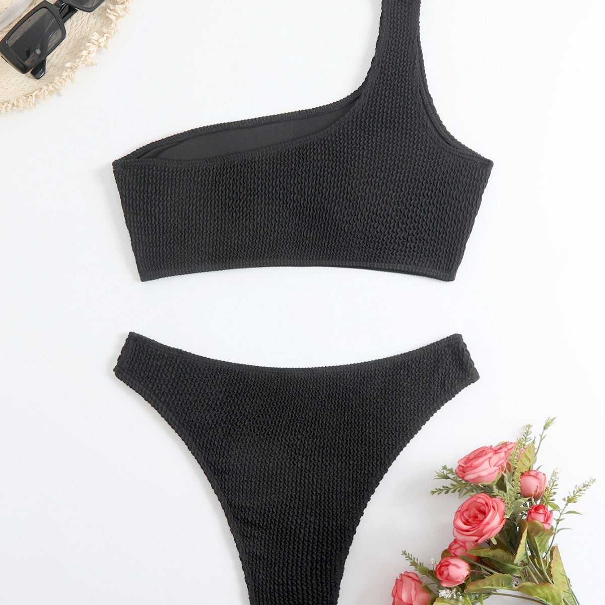 New Solid Color One-Shoulder Tube Top Bikini with High-Waist Split Bottom for Women