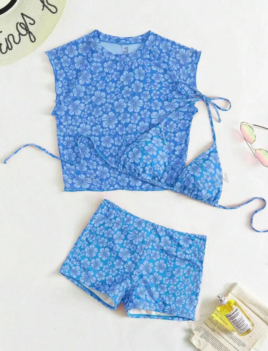Split Shoulder Three-Piece Slim-Fit Printed Bikini Swimsuit Set