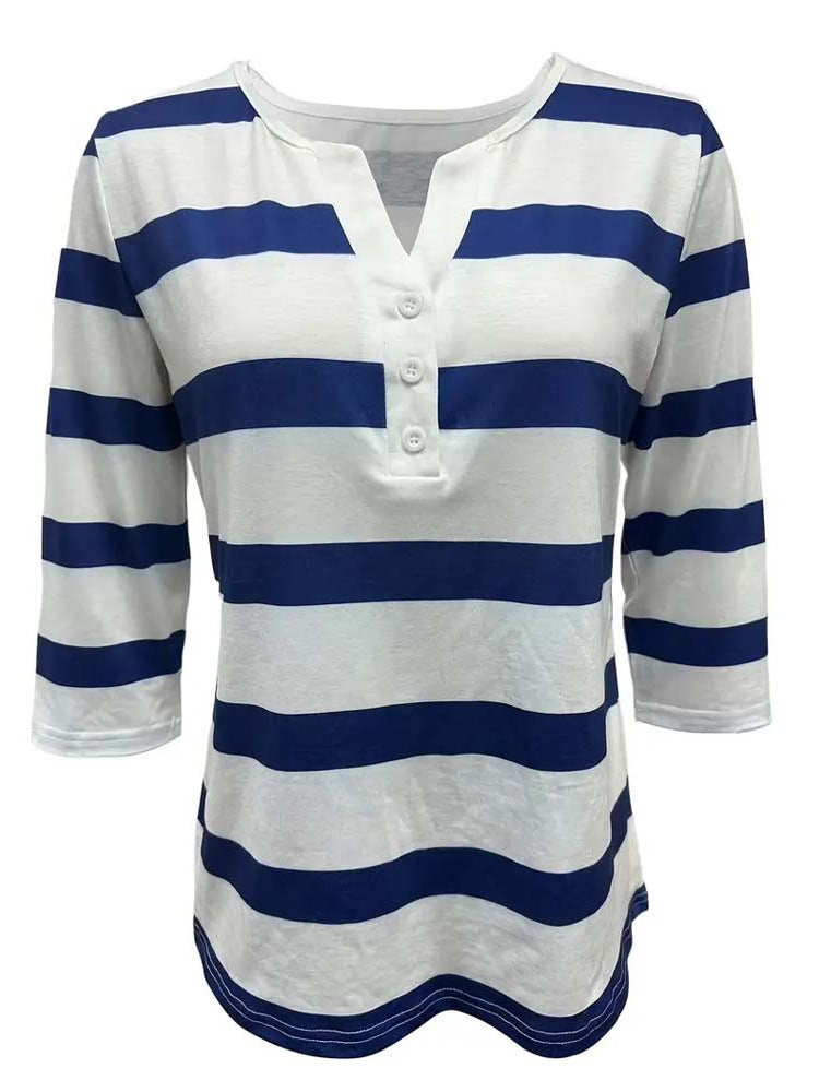 Summer Casual V-Neck Button Striped T-Shirt for Women – Short Sleeve Everyday Fashion Top