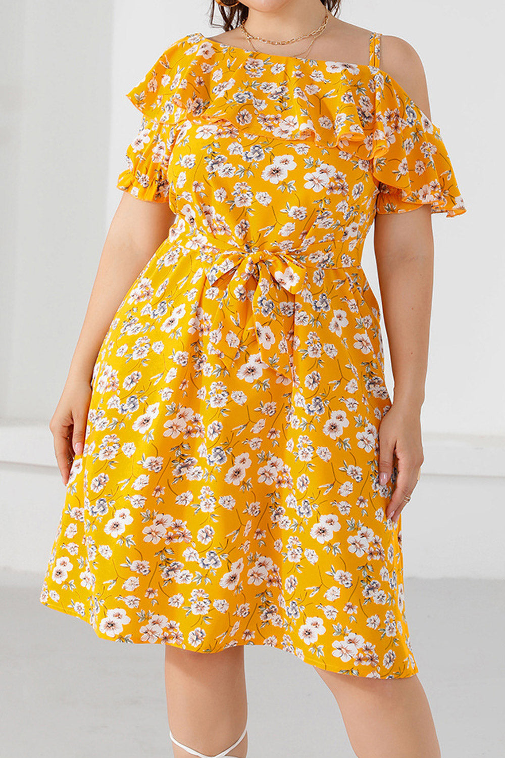 Women Plus Summer Fashion One Shoulder Ruffled Floral Mini Dress