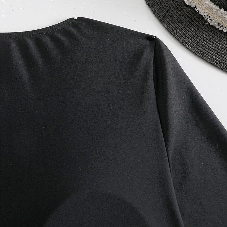 New Digital Print Cross-Pleated Long Sleeve High Collar Bikini Split Swimsuit for Women