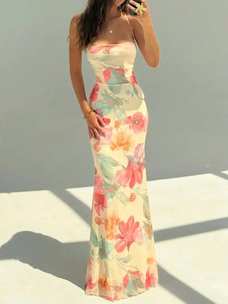 Women's Halter Vacation Dress – Printed Backless Tie-Up Cross-Strap Beach Maxi Dress, Lightweight Summer Holiday Outfit