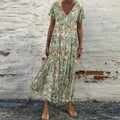 Women's Floral V-Neck Short Sleeve Loose Fit Large Swing Dress