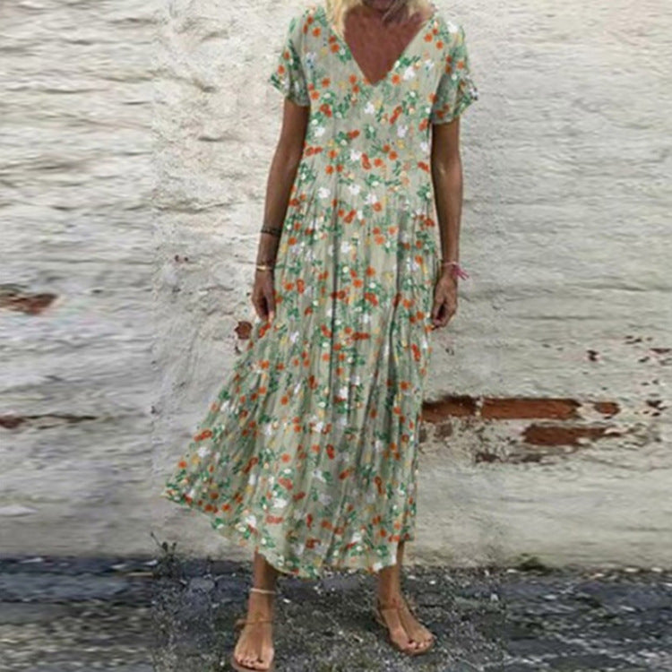 Women's Floral V-Neck Short Sleeve Loose Fit Large Swing Dress