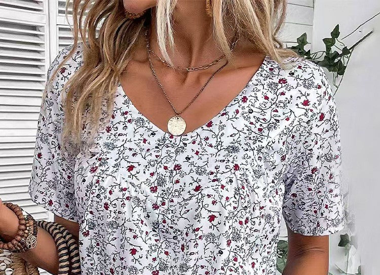 New Summer Style Elegant Printed V-Neck Short-Sleeved Top for Women
