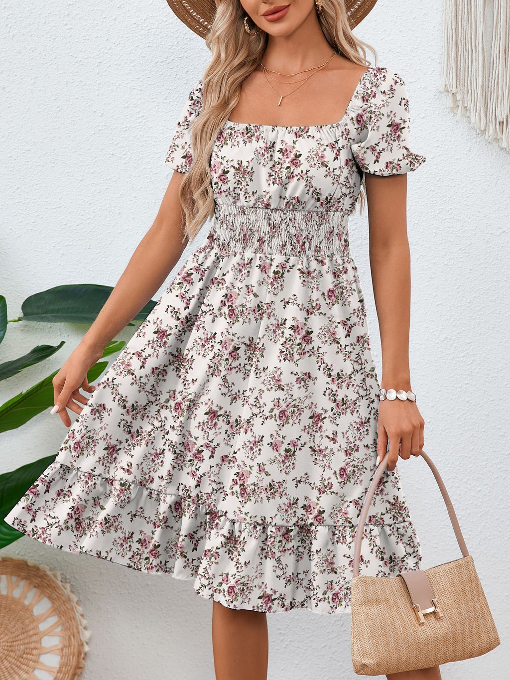 Women's Solid Color Square Collar Ruffled A-Line Dress Casual All-Match Midi Dress