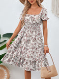 Women's Solid Color Square Collar Ruffled A-Line Dress Casual All-Match Midi Dress
