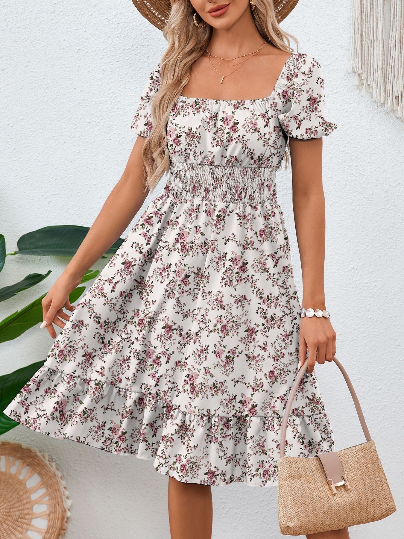 Women's Solid Color Square Collar Ruffled A-Line Dress Casual All-Match Midi Dress