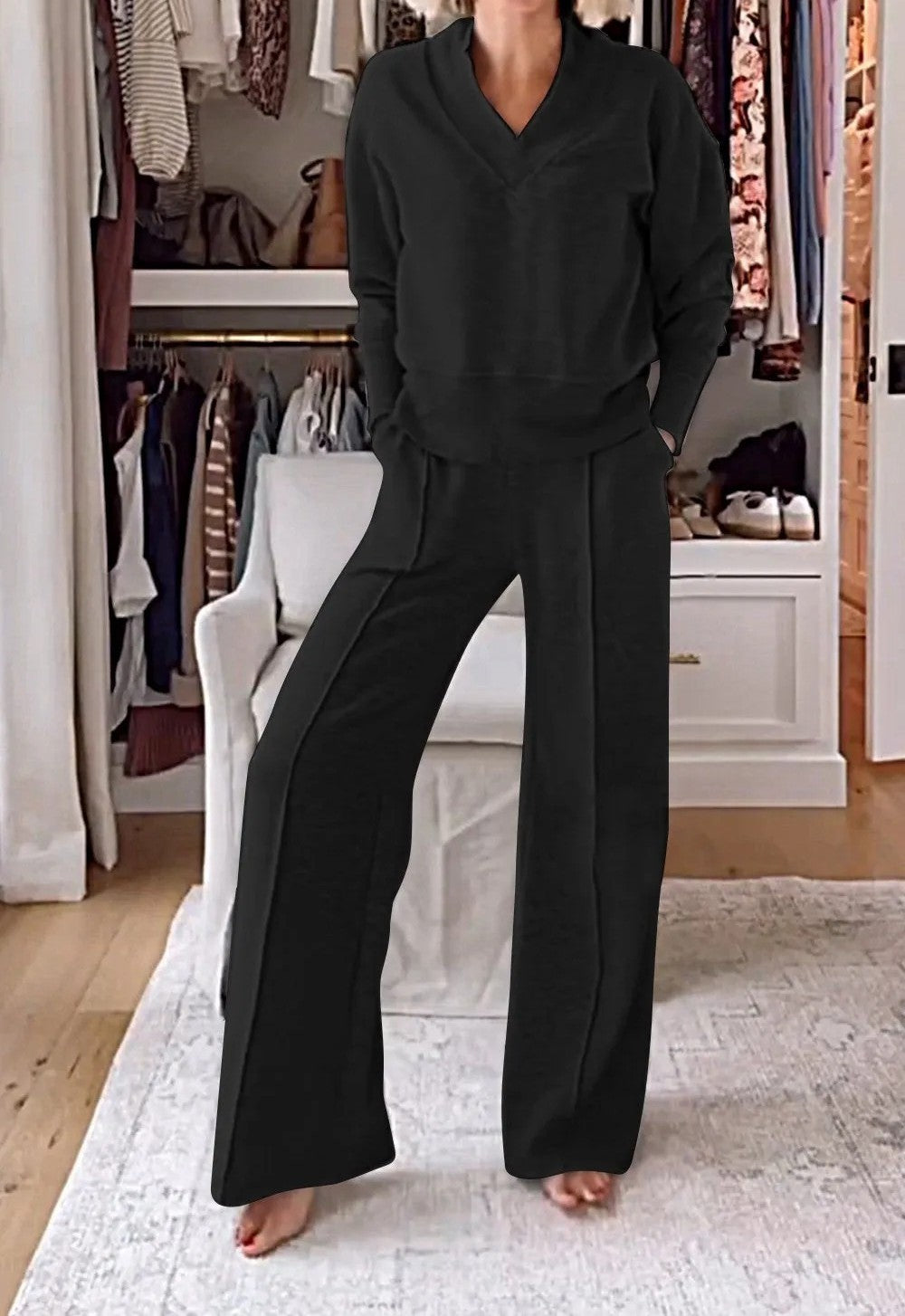 New Casual V-Neck Long Sleeve Loose Top & Wide-Leg Pants Two-Piece Lounge Set