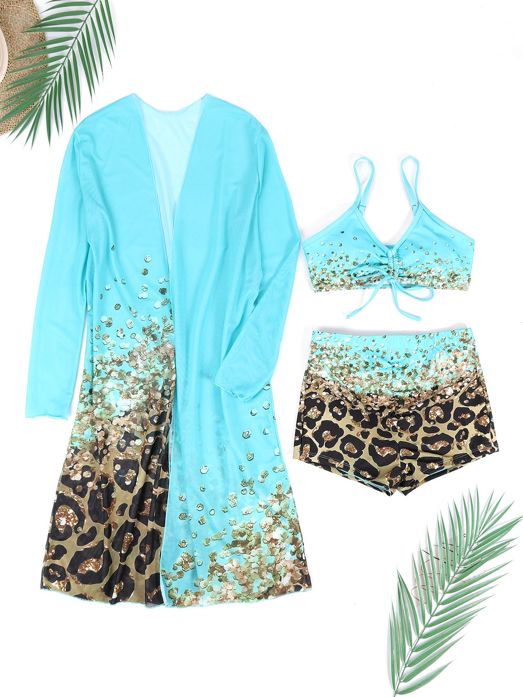 Three-Piece Bikini Set with Printed Split Boxers