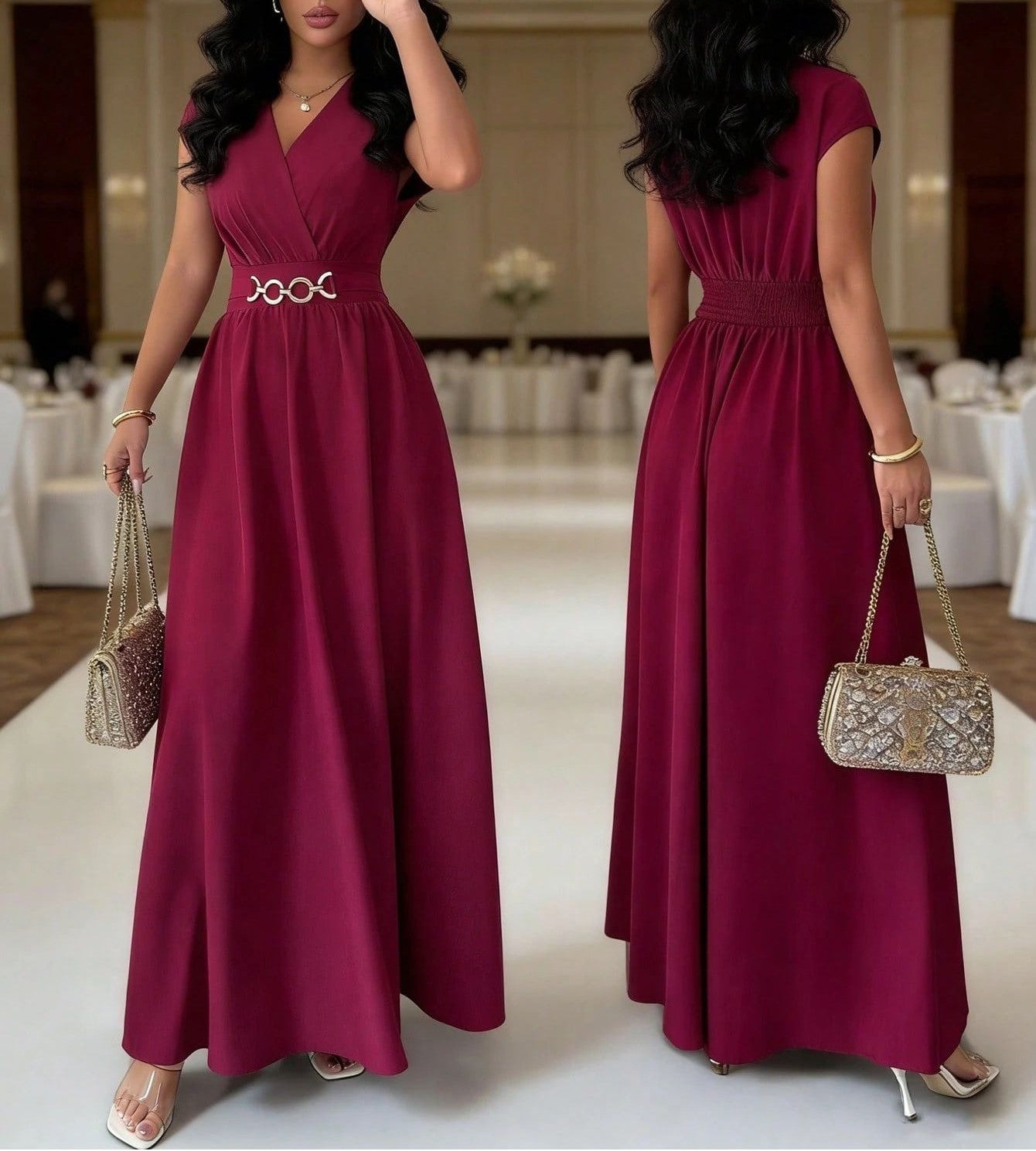 Women's Elegant Short Sleeve Long Dress - Solid Color V-Neck Waist-Cinching Maxi Dress for Casual, Office, Party & Special Occas