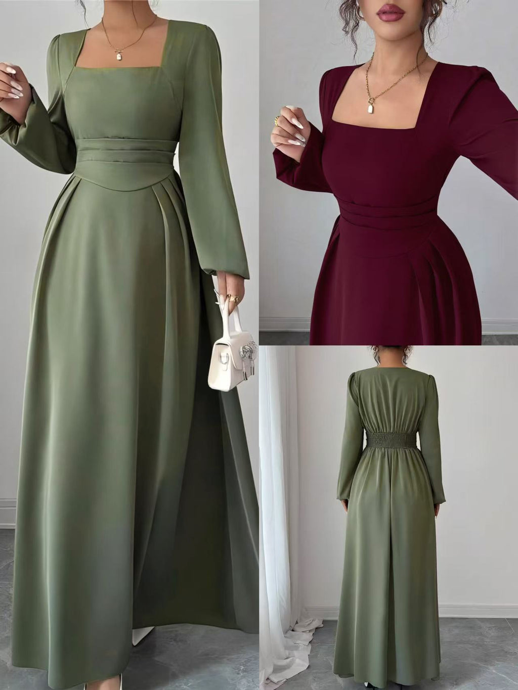 Women's Spring Solid Color Pleated Maxi Dress with French Square Neck and Elegant Long Silhouette