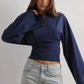 Women's Elegant Solid Color Round Neck Long Sleeve Waist Detail Casual Top
