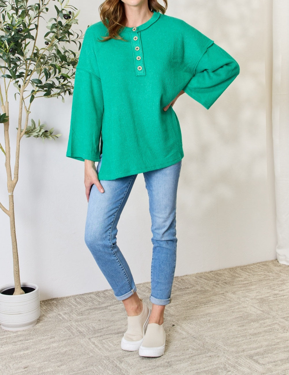 Women's Zenana Full Size Ribbed Half Button Slit Knit Top