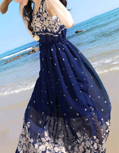 Sleeveless Floral Chiffon Beach Maxi Dress