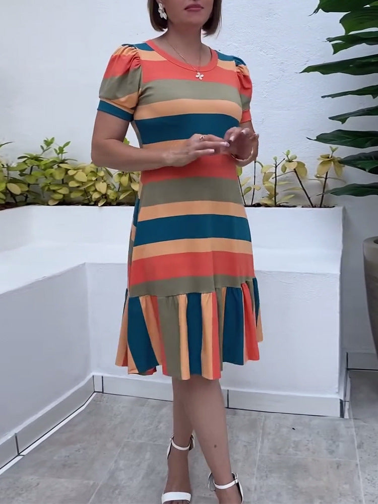 Women's Printed Round Neck Short Sleeve Contrast Color Casual Dress