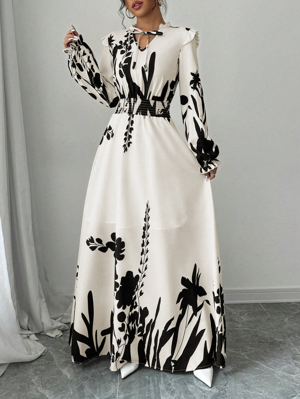Women's Autumn Winter Printed Long Sleeve Waist Tie Maxi Dress Elegant Casual Flowing Long Skirt