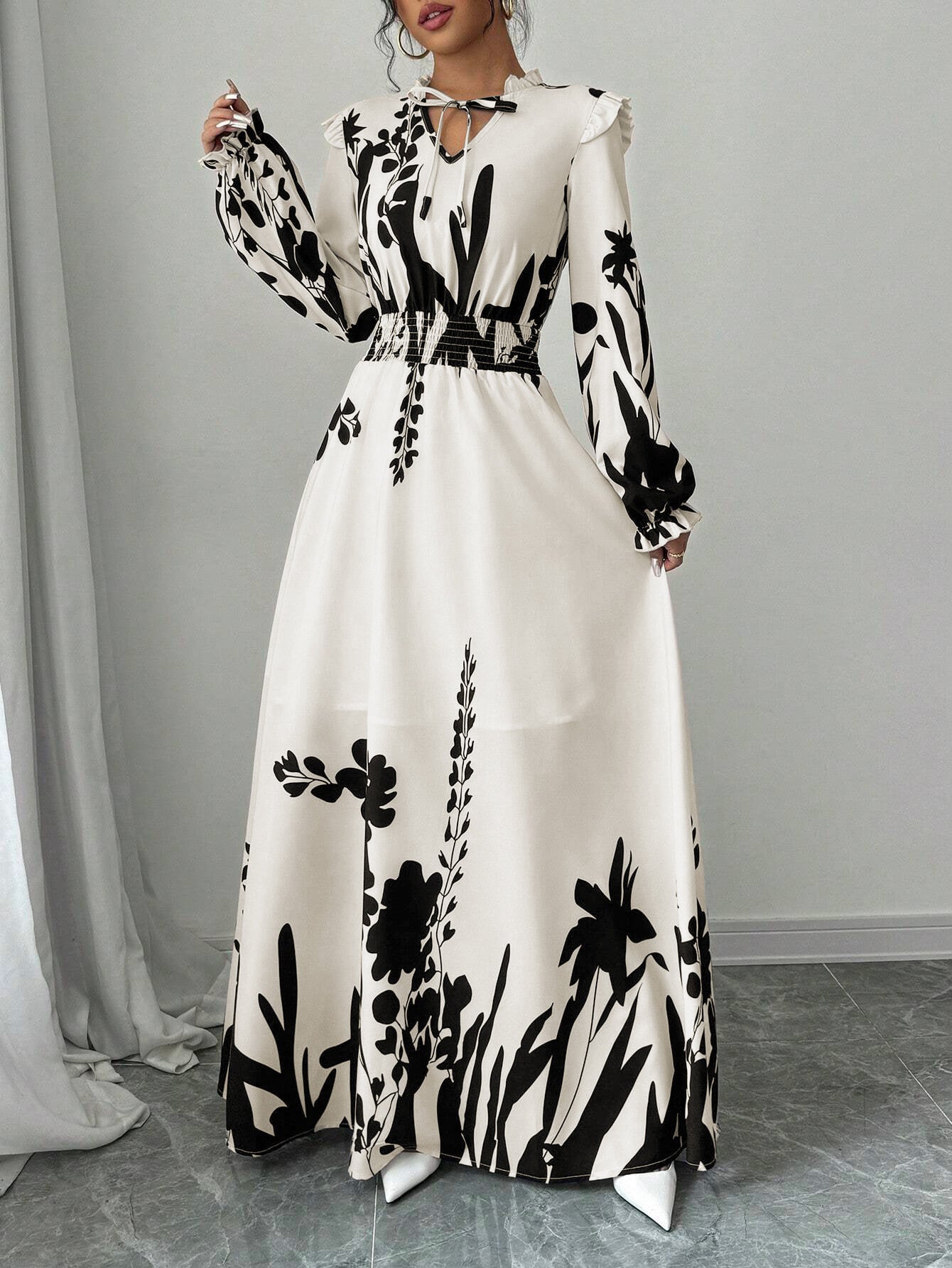 Women's Autumn Winter Printed Long Sleeve Waist Tie Maxi Dress Elegant Casual Flowing Long Skirt