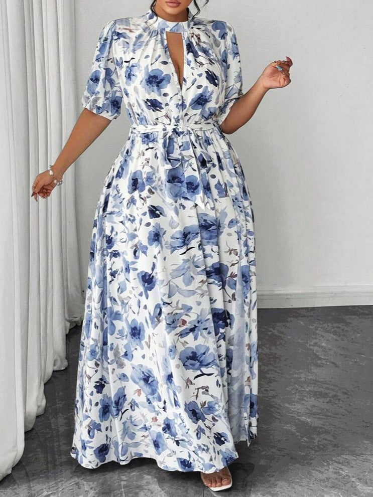 Women's Plus Size Blue Printed Tie Waist Mid-Length Dress