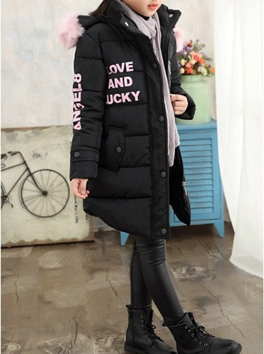Girls’ Winter Cotton-Padded Coat – Thickened Mid-Length Jacket with Fur Collar - RAC25JP3248BOW