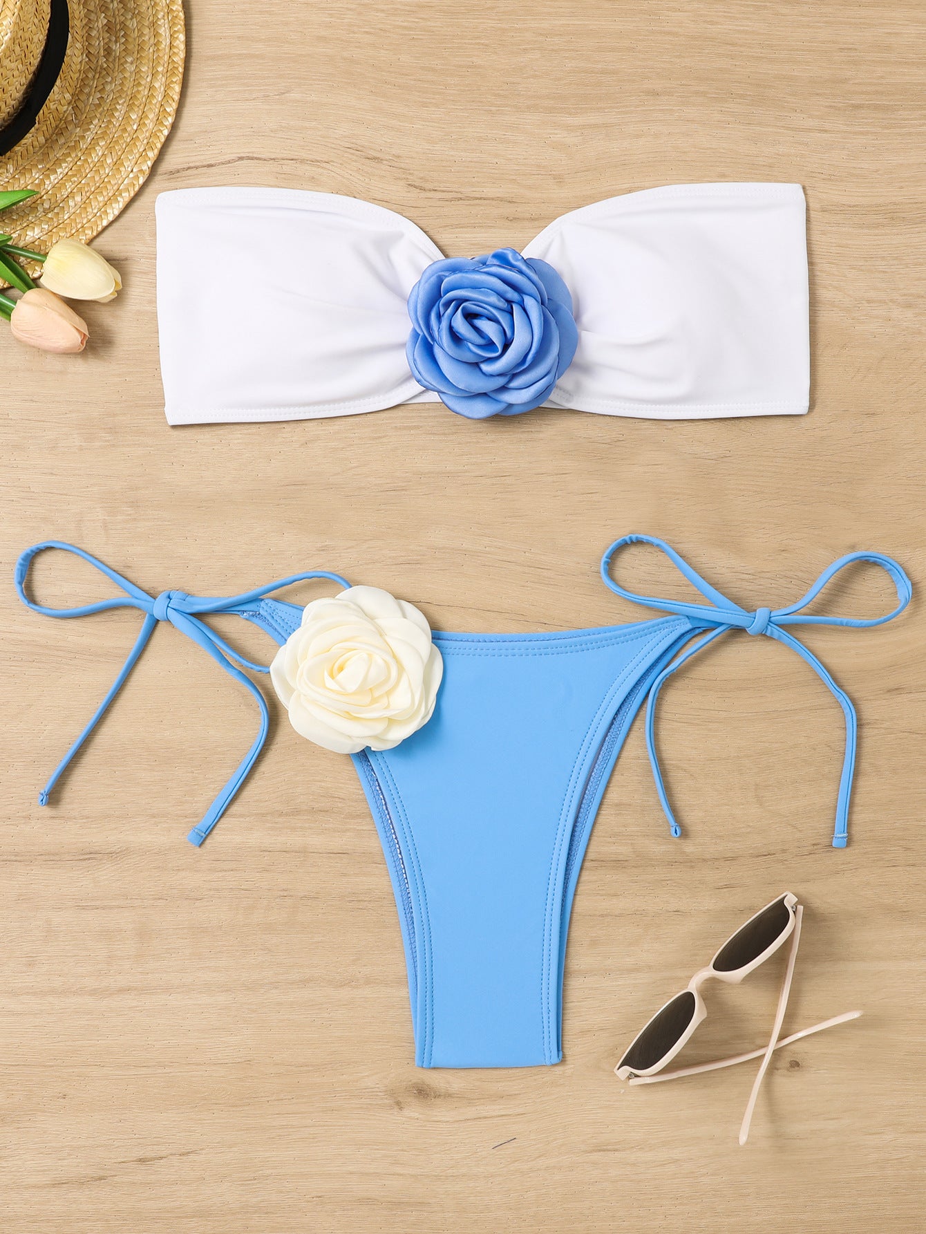 Style Swimsuit for Women - Color Block 3D Floral Strapless Bikini Two-Piece Beach Set