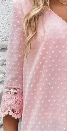 Summer Style Elegant V Neck Three-Quarter Sleeve Cut-Out Lace Detail Top for Women