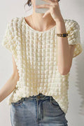 Women Three-Dimensional Square Cut Bubble Crepe Short-Sleeved Top