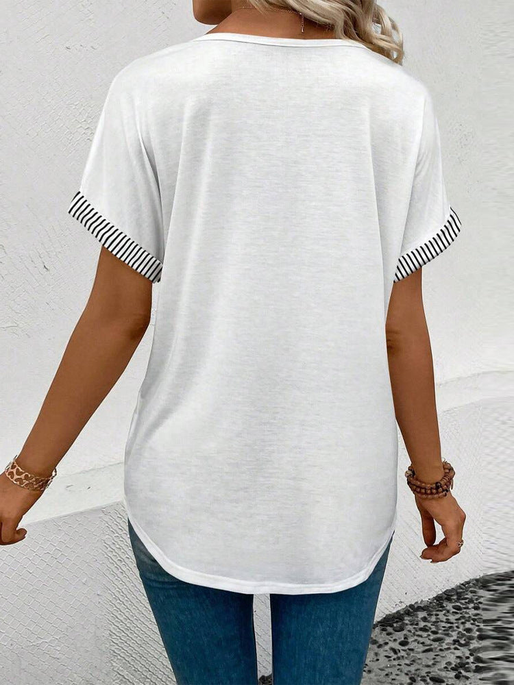 Women's Summer V-Neck Short Sleeve Solid Color Casual Top