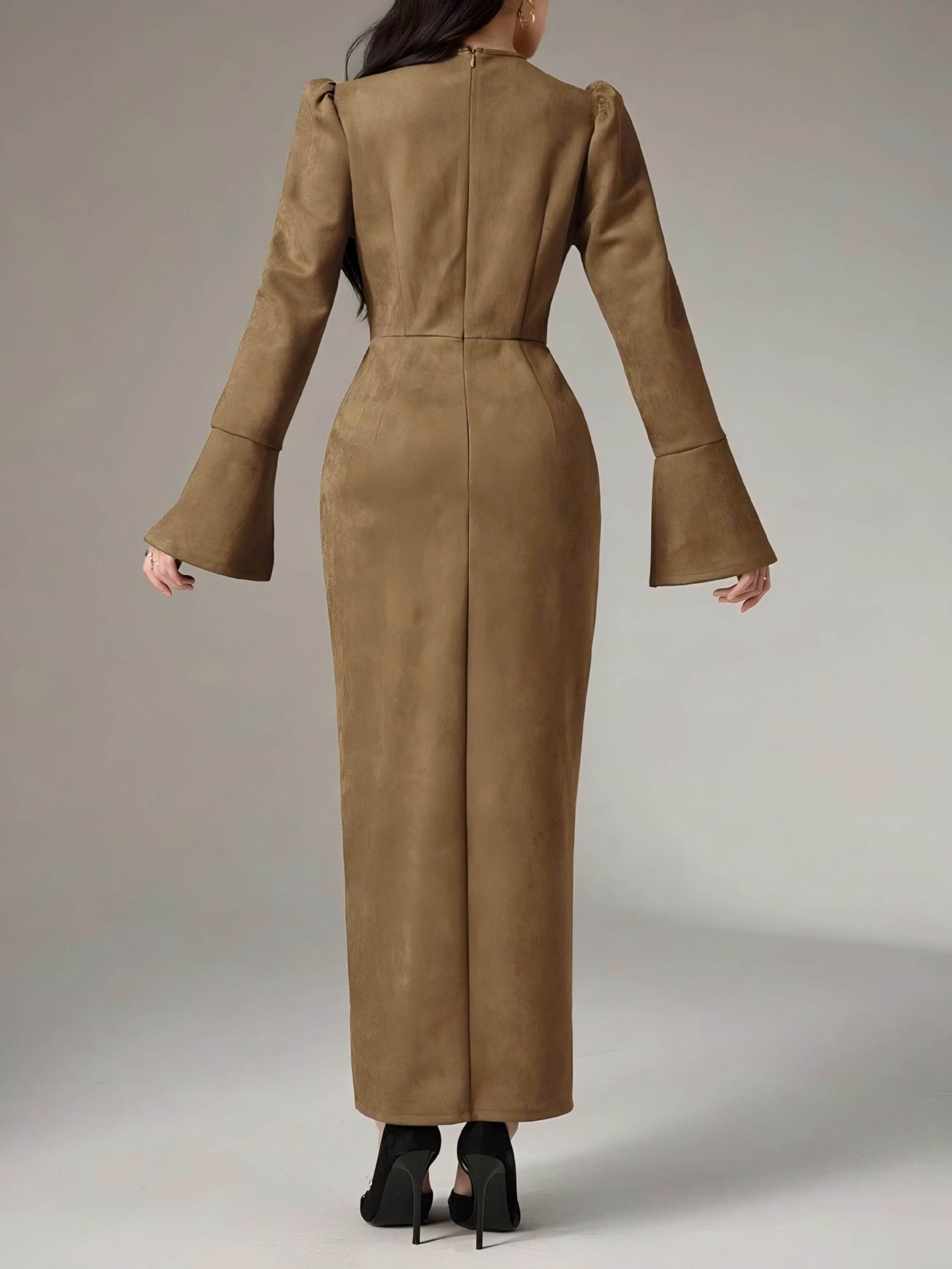 Women's Autumn & Winter High-Waisted Button Front Slit Long Dress with Elegant Tailored Fit