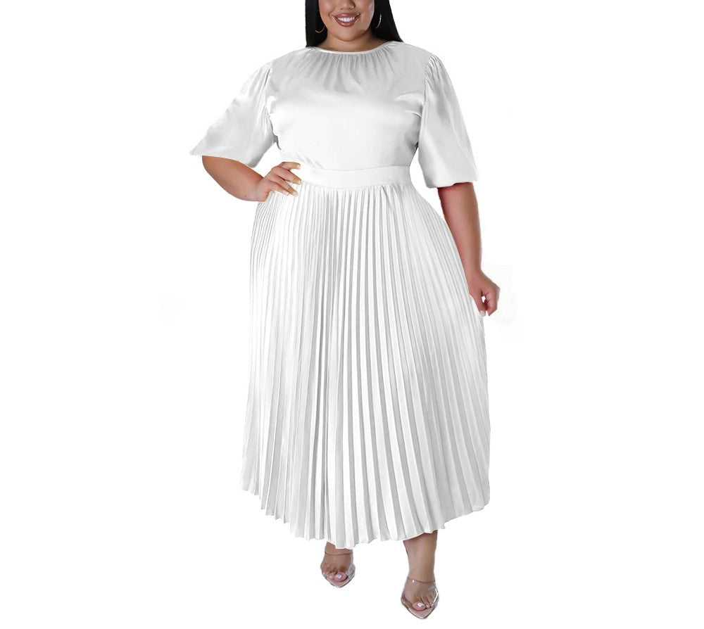 Plus Size Women's Autumn Winter Pleated Long Dress – Short Sleeve Round Neck Elegant Casual Maxi Dress