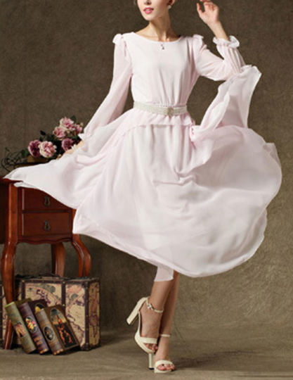 Women Pleated Halter Skirt Long Dress Pink