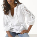 Women's Pure Cotton V-Neck Embroidered Cutout Blouse – Casual 3/4 Sleeve Breathable Summer Shirt