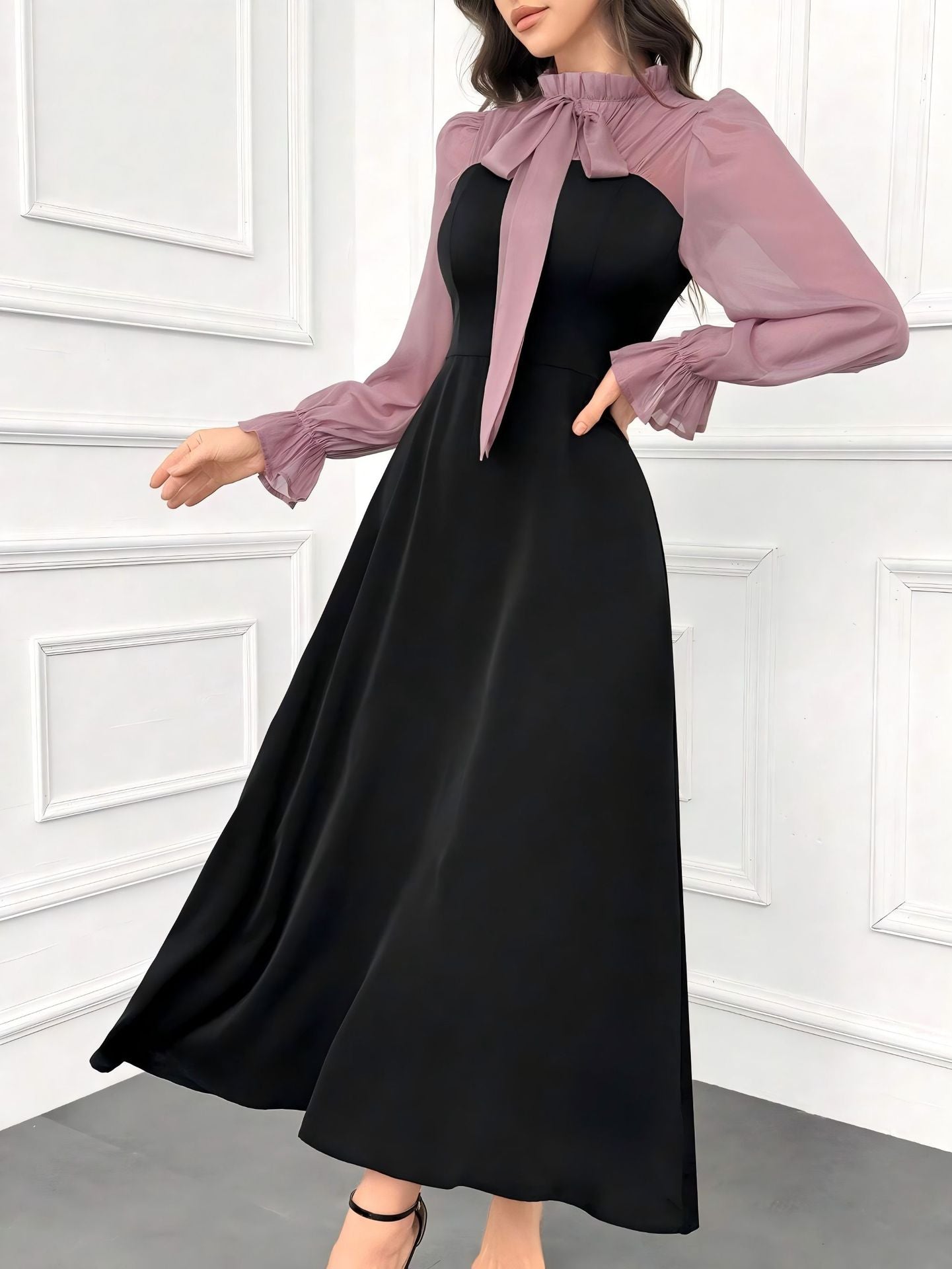 New Style Color-Block Faux Two-Piece Long Sleeve Maxi Dress with Bow Tie Waist for Women, Elegant Casual Fashion Dress