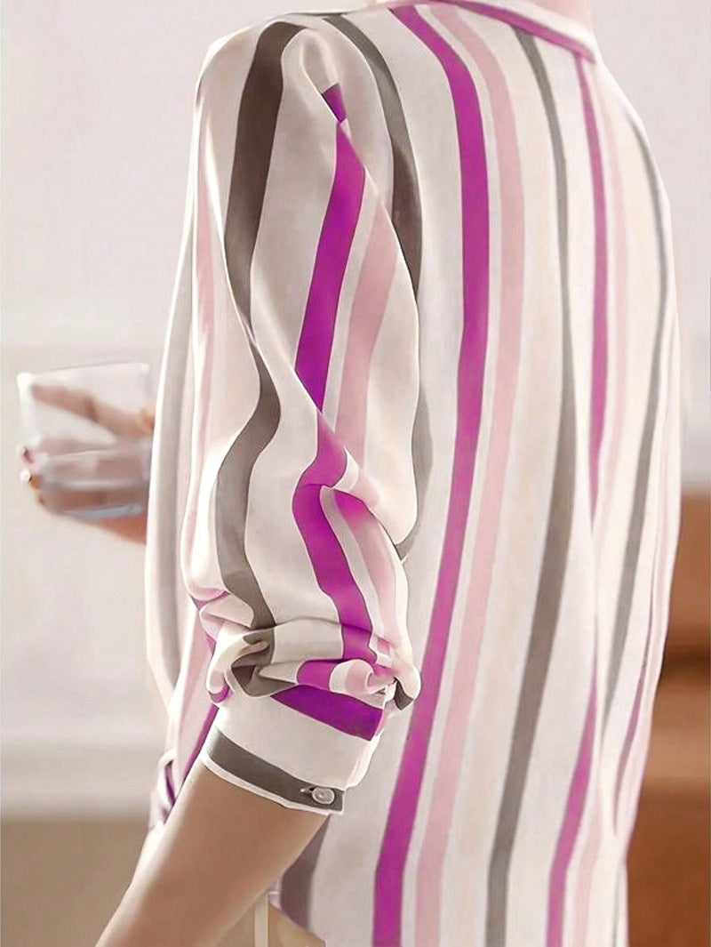 Women's Summer Loose Casual Striped Long-Sleeve Shirt