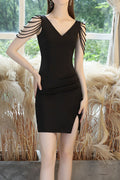 Women Sleeveless V-Neck Solid Pattern Evening Party Dress