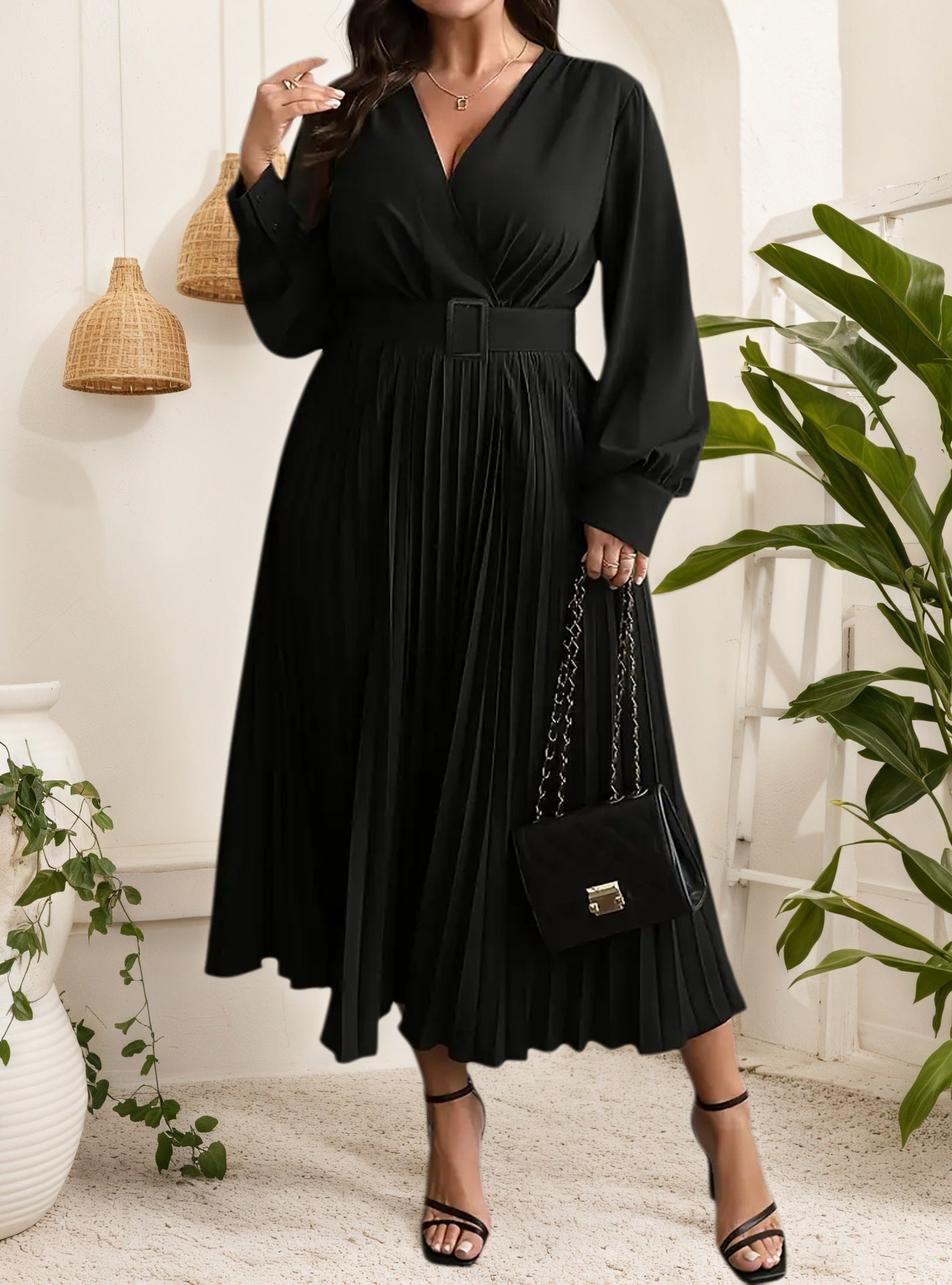 Women's Autumn Winter V-Neck Pleated Dress with Belt Large Hem Casual Plus Size Long Sleeve Fashion Midi Dress