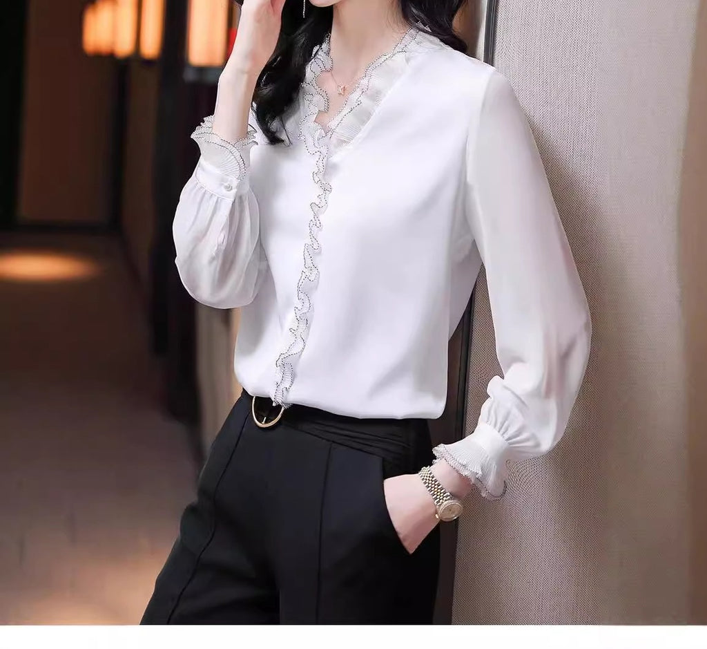 Women's Chiffon Long-Sleeved Early Autumn White Shirt Top