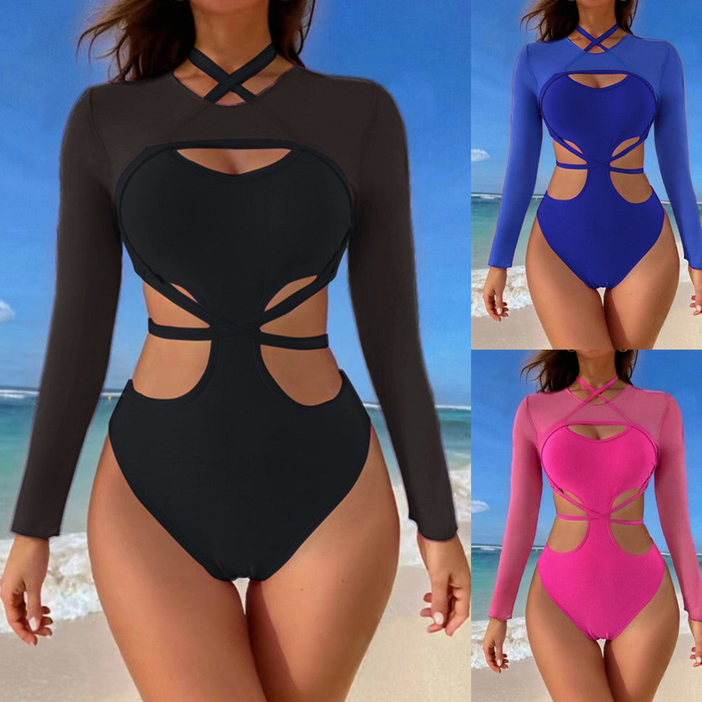 Mesh Strap Solid Color Bikini Swimsuit for Women