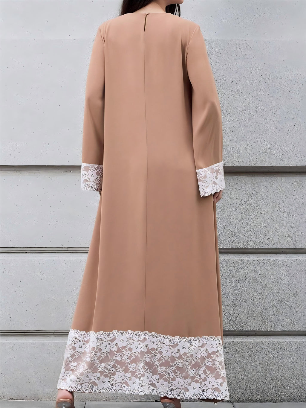 Women's Loose Long Sleeve Maxi Dress with Lace Hem, Solid Color Casual Long Dress