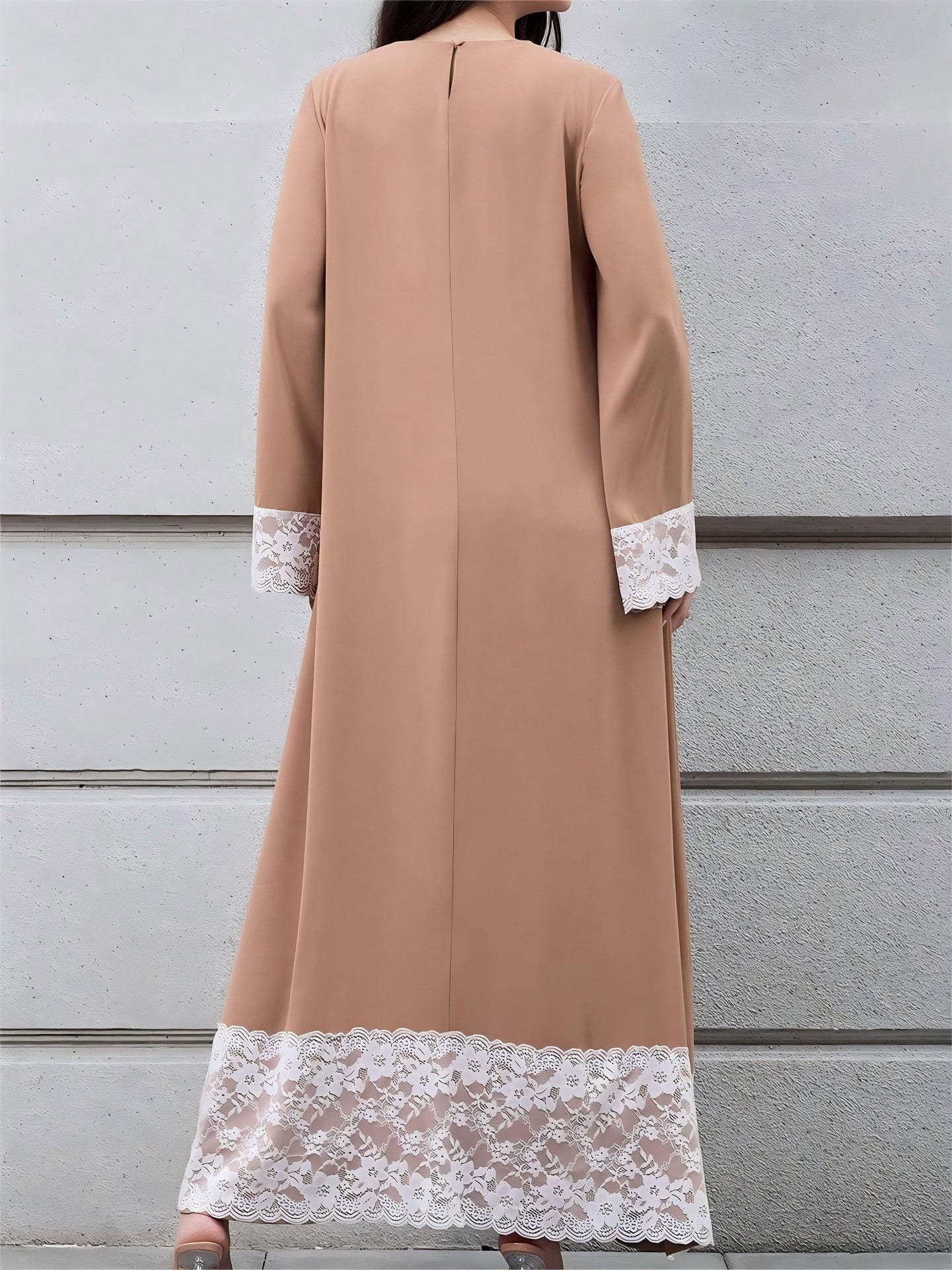Women's Loose Long Sleeve Maxi Dress with Lace Hem, Solid Color Casual Long Dress