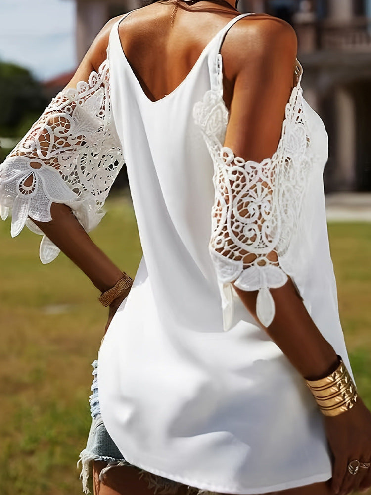 Summer Lace Shoulder V-Neck Sling Loose Fit Casual Top for Women