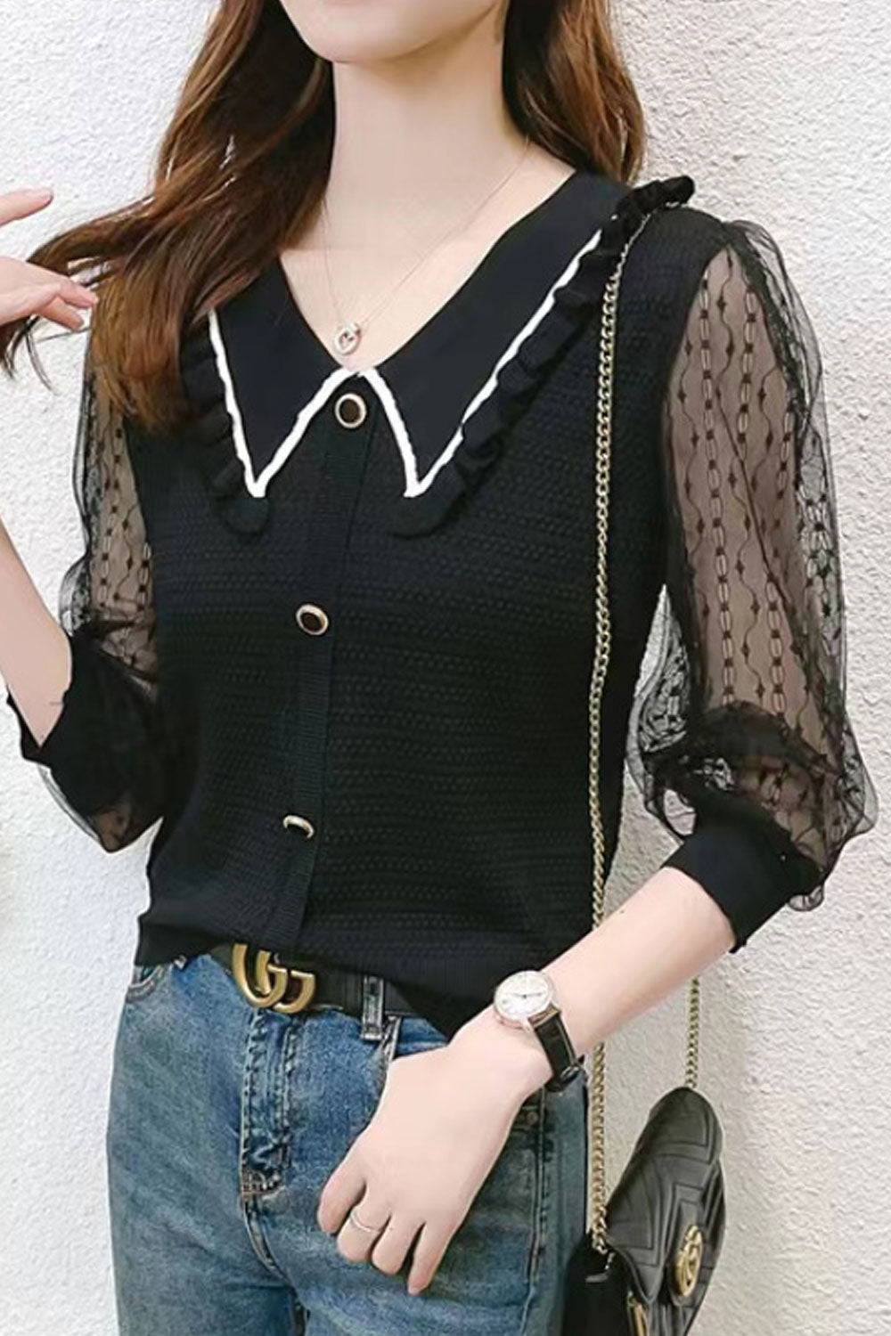 Women's Lapel Doll Collar ThreeQuarter Sleeve Top