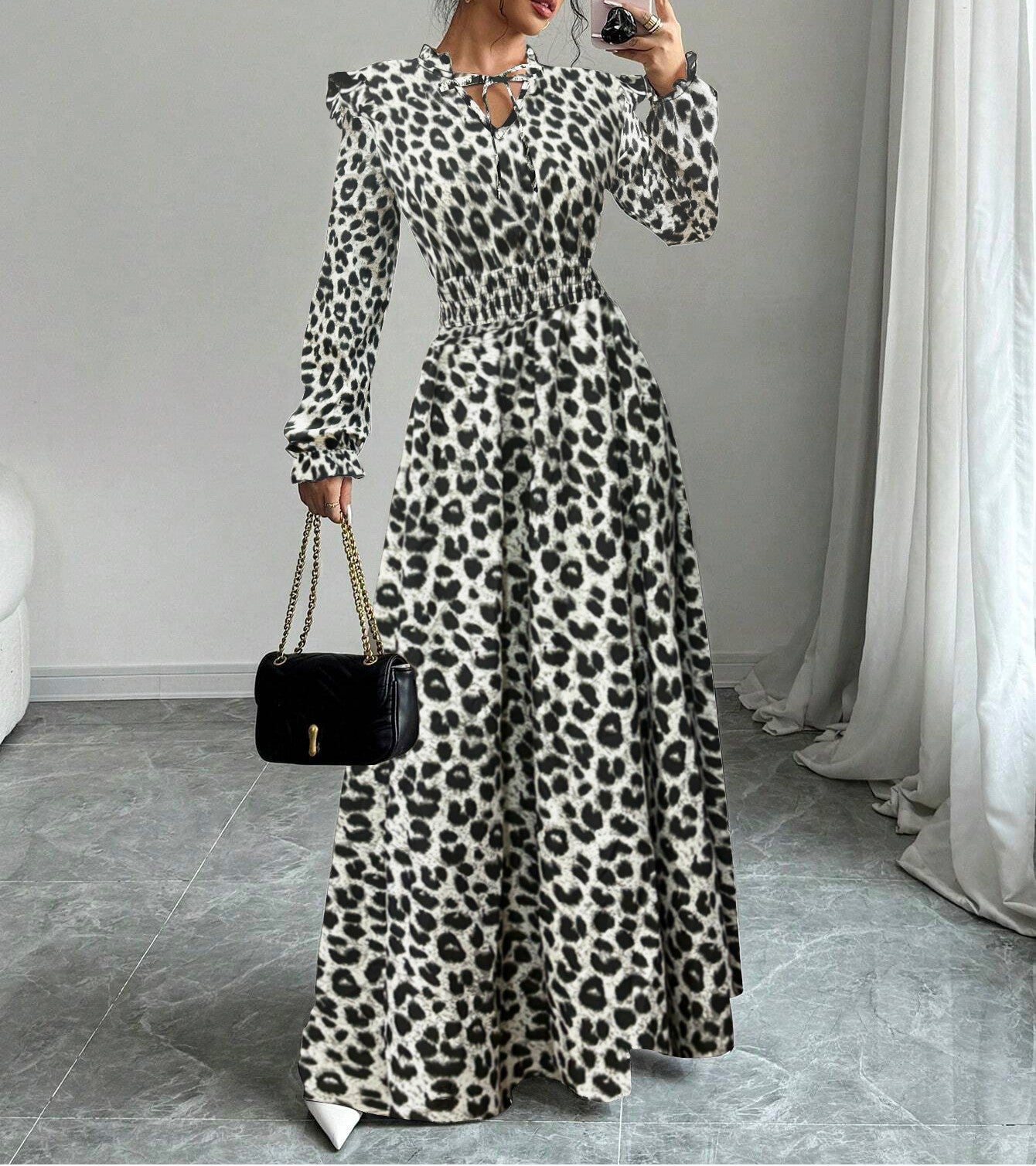 Women's Leopard Print Waist-Cinching Long Dress – Elegant Printed Maxi Dress with Flattering Fit